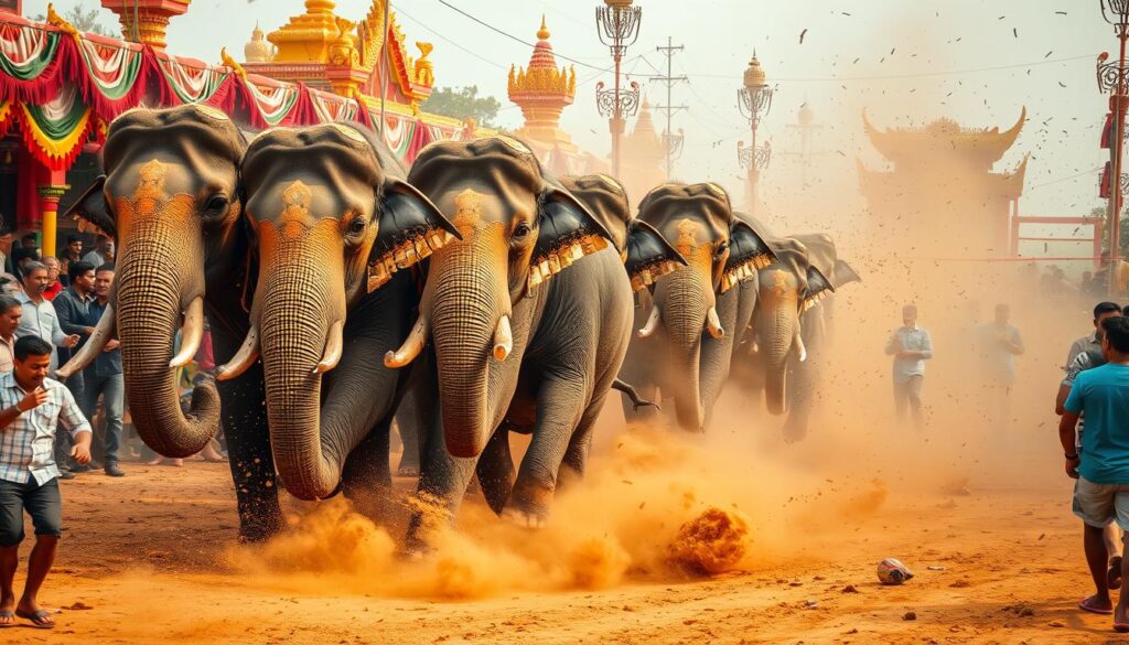 elephants go on rampage & stampede injuring 13 at religious festival